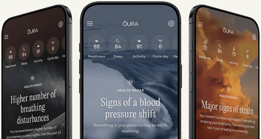 Tres pantallas de Health Radar en la Oura App con avisos sobre respiración, tensión arterial y carga